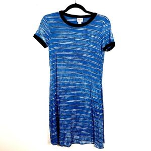 Naturally dyed indigo blue stripe ribbed knit short sleeve dress
